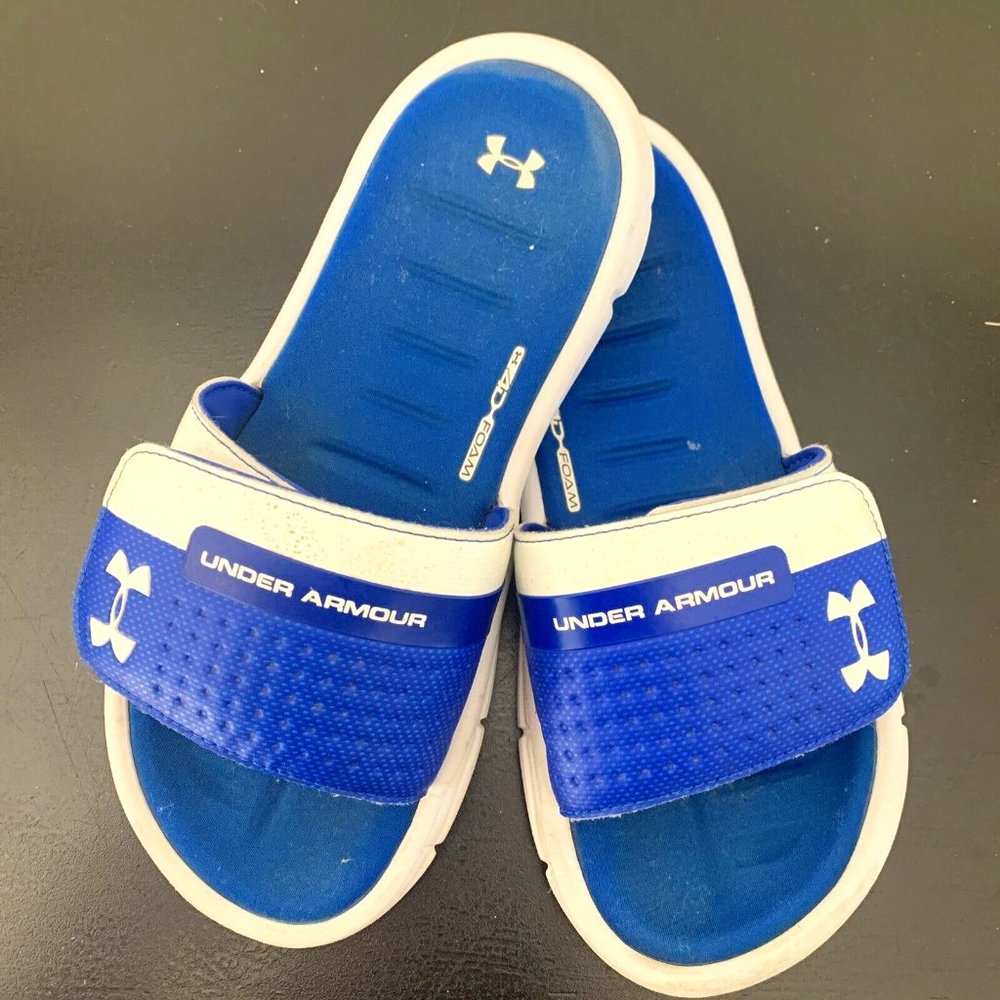Under Armour Slides Youth 4Y Blue Cushioned Adjustable Slip on Sandals H4D-Foam